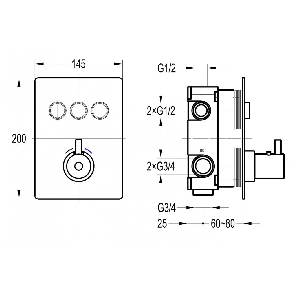 Flova Levo Concealed Thermostatic GoClick 3 Outlet Trim Square 2 Flova Levo Concealed Thermostatic GoClick 3 Outlet Trim Square - Image 2