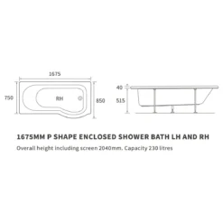 Iona P-Shape 1675mm 0TH Shower Bath RH 7 Iona P-Shape 1675mm 0TH Shower Bath RH -Home Bathroom iona dibsh016 4