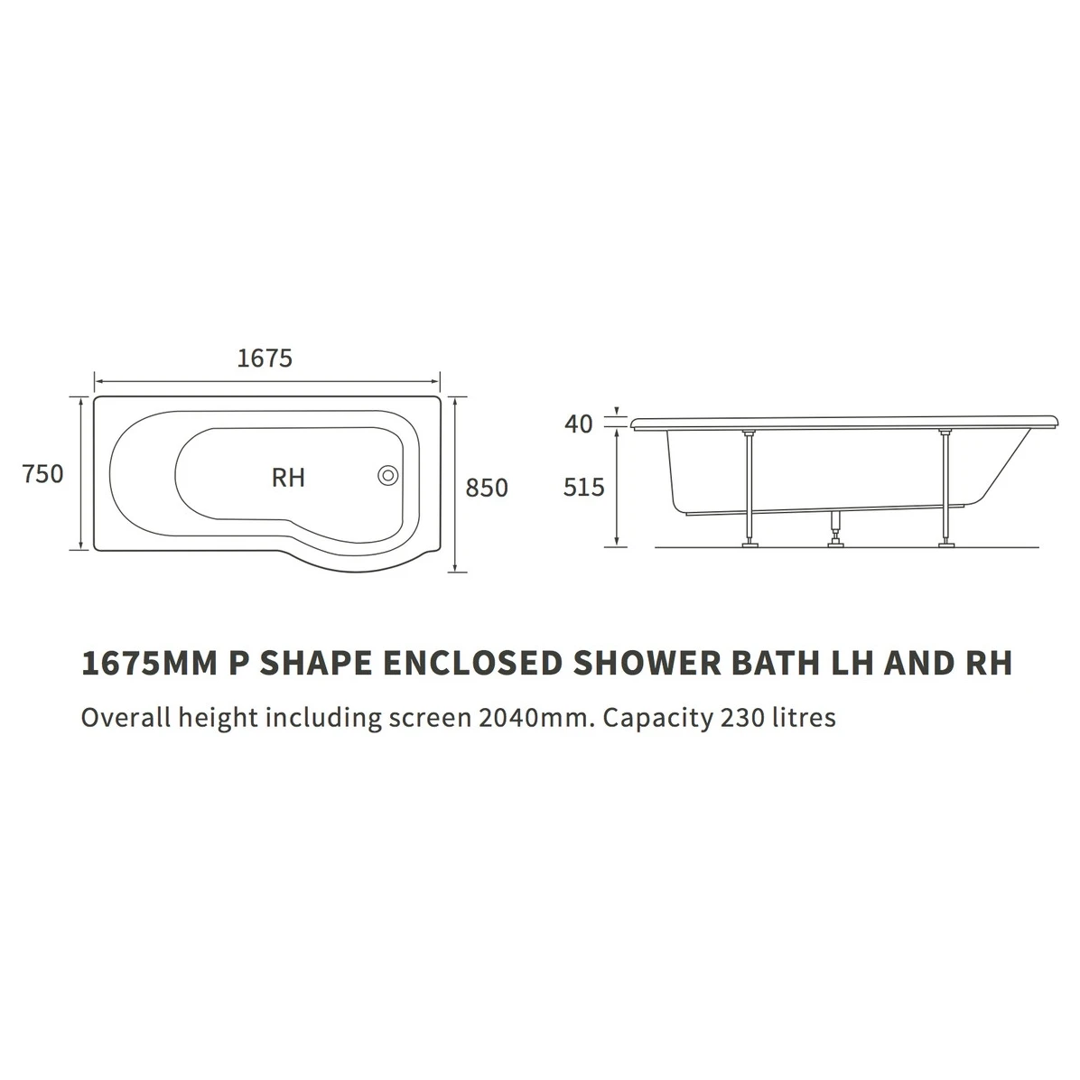 Iona P-Shape 1675mm 0TH Shower Bath RH 4 Iona P-Shape 1675mm 0TH Shower Bath RH - Image 4