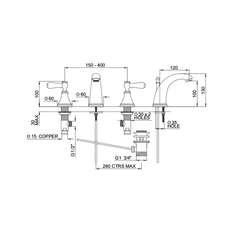 Perrin & Rowe Georgian 3 Hole High Spout Basin Mixer, Lever 2 Perrin & Rowe Georgian 3 Hole High Spout Basin Mixer, Lever - Image 2